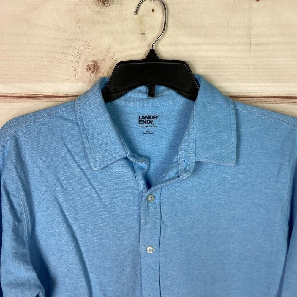 Lands End Shirt‎ Mens L Blue Button Up Traditional Fit Knit Collar Long Sleeve